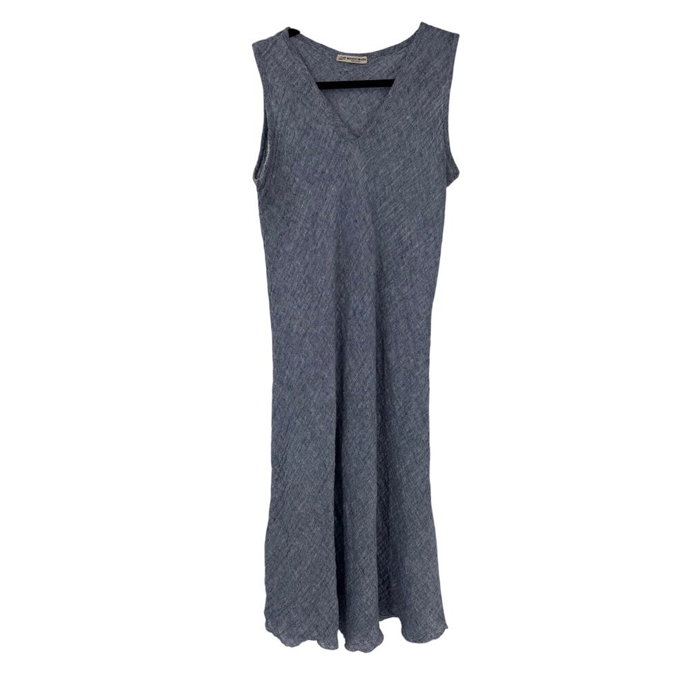 Master Moda Womens Knee Length Linen Dress Bias Cut Blue Summer Minimalist